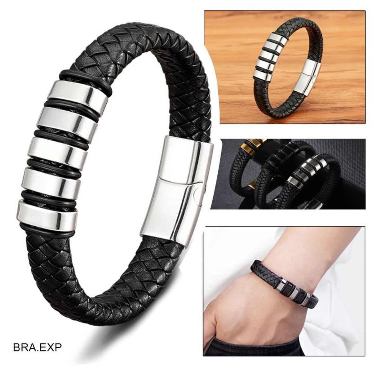 GENERICO - Pulsera para Hombre de Cuero y Acero Inoxidable Brazalete Plateado