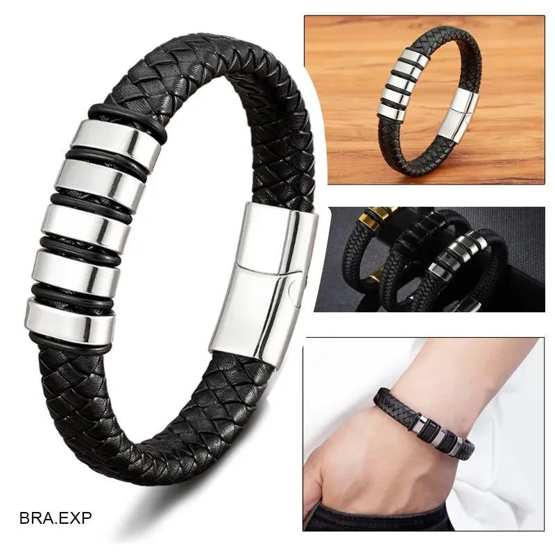 GENERICO - Pulsera para Hombre de Cuero y Acero Inoxidable Brazalete Plateado