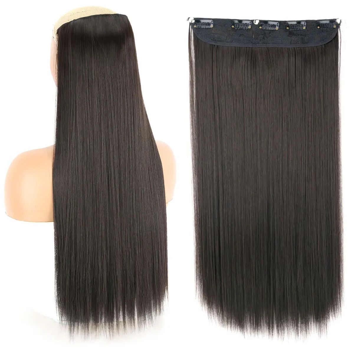 GENERICO - Extensiones Cabello Largo 55cm Castaño Oscuro Postizos Clips Genieka