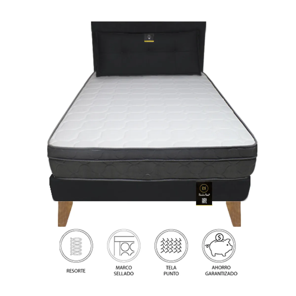 BARAKA HOME - Dormitorio Turin Slim 1.5 Plz + Cabecera + Cojín - Negro