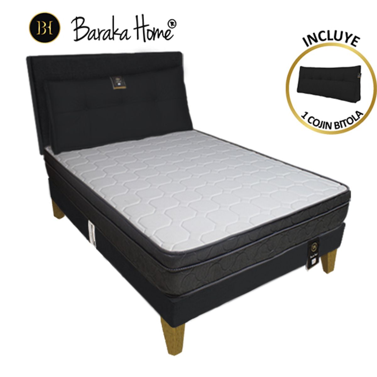 BARAKA HOME - Dormitorio Turin Slim 1.5 Plz + Cabecera + Cojín - Negro