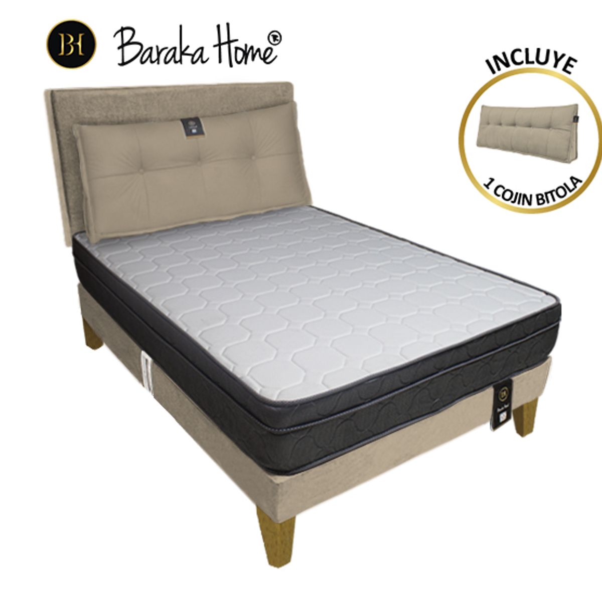BARAKA HOME - Dormitorio Turin Slim 1.5 Plz + Cabecera + Cojín - Beige Claro