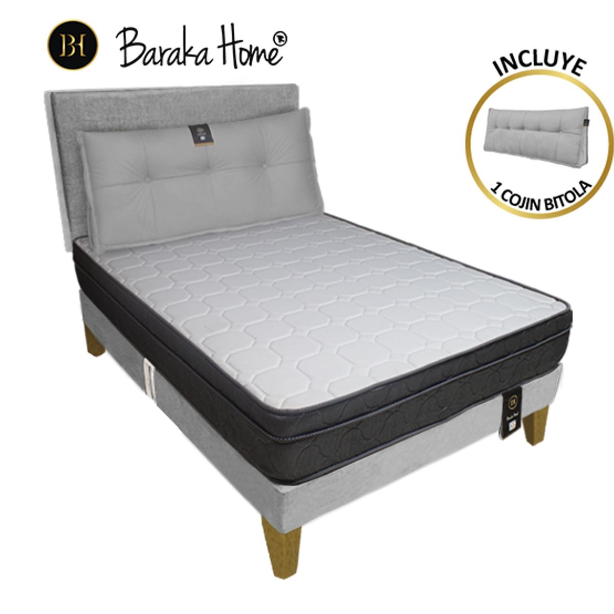 BARAKA HOME - Dormitorio Turin Slim 1.5 Plz + Cabecera + Cojín - Gris Claro