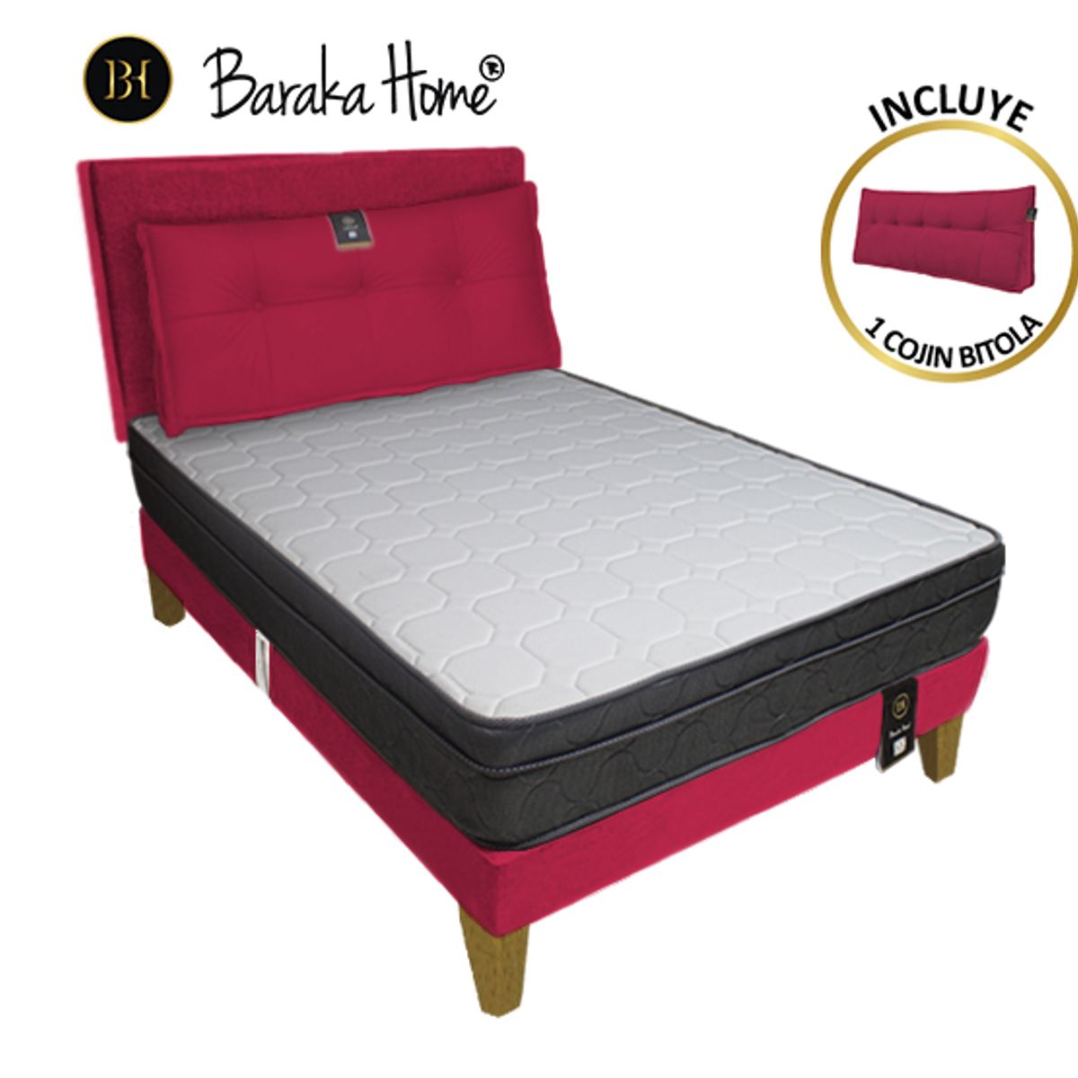 BARAKA HOME - Dormitorio Turin Slim 1.5 Plz + Cabecera + Cojín - Rojo