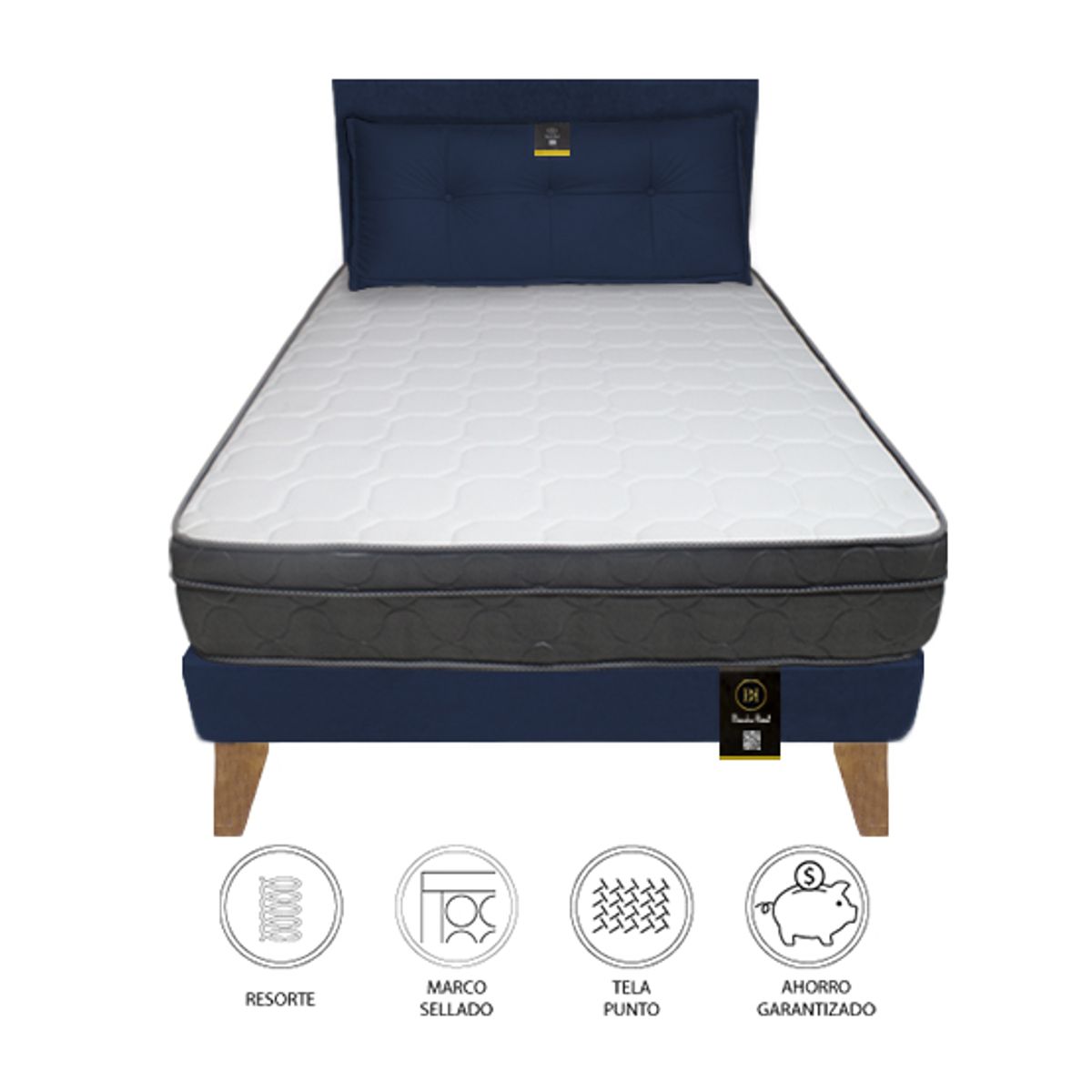 BARAKA HOME - Dormitorio Turin Slim 1.5 Plz + Cabecera + Cojín - Azul Marino