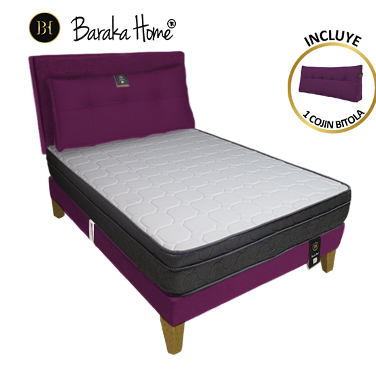 BARAKA HOME - Dormitorio Turin Slim 1.5 Plz + Cabecera + Cojín - Purpura