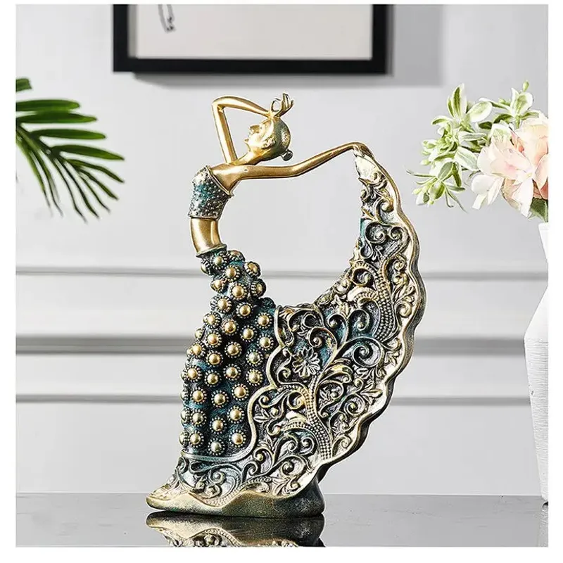 GENERICO - Adorno escultura mujer danza con vestido en pavo real