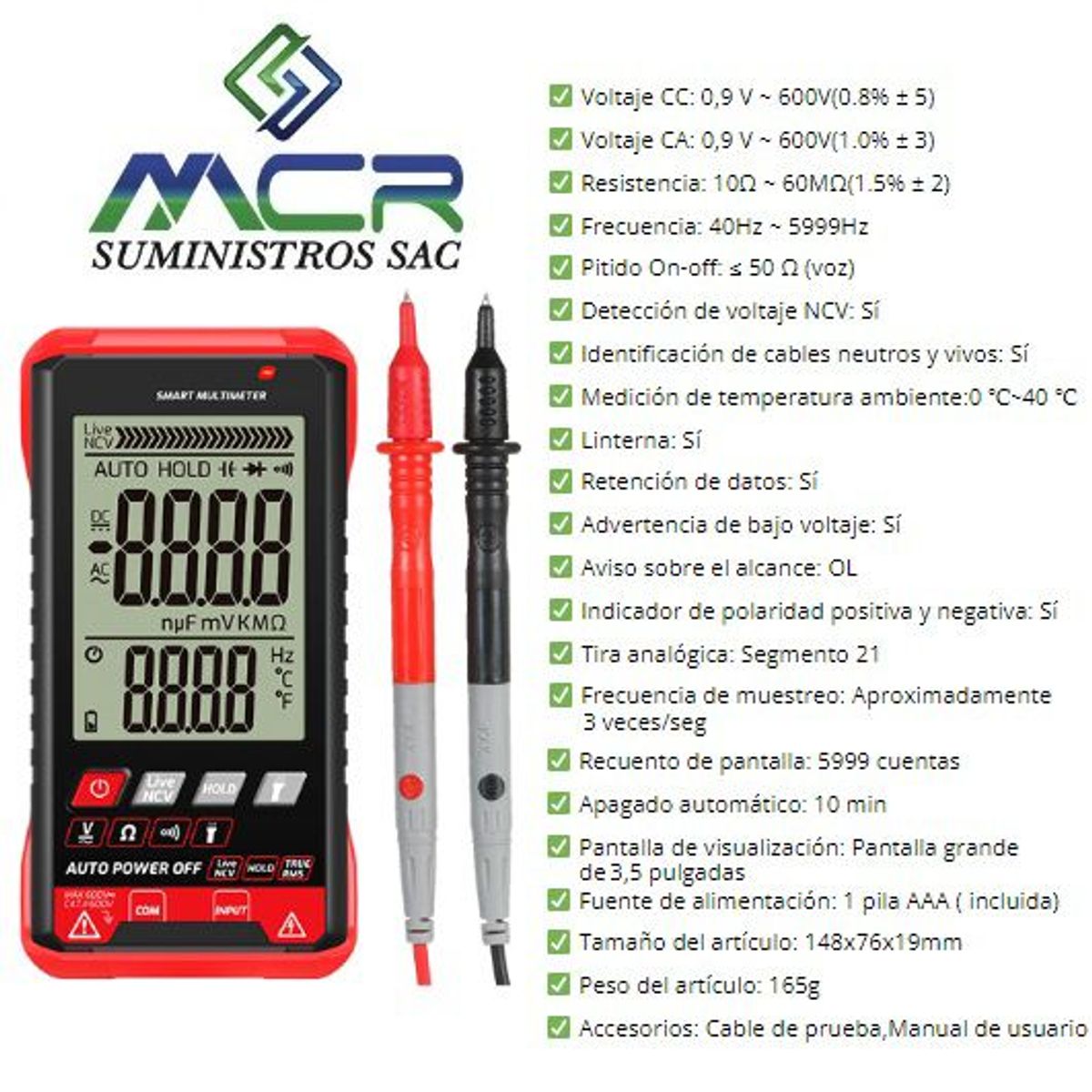 GENERICO - MULTIMETRO CON PANTALLA  LEE EN CA Y DC HASTA 600V DIGITAL