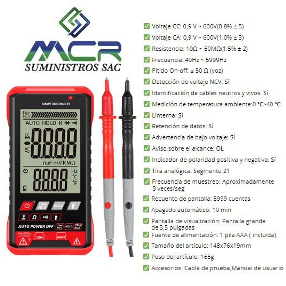 GENERICO - MULTIMETRO CON PANTALLA  LEE EN CA Y DC HASTA 600V DIGITAL