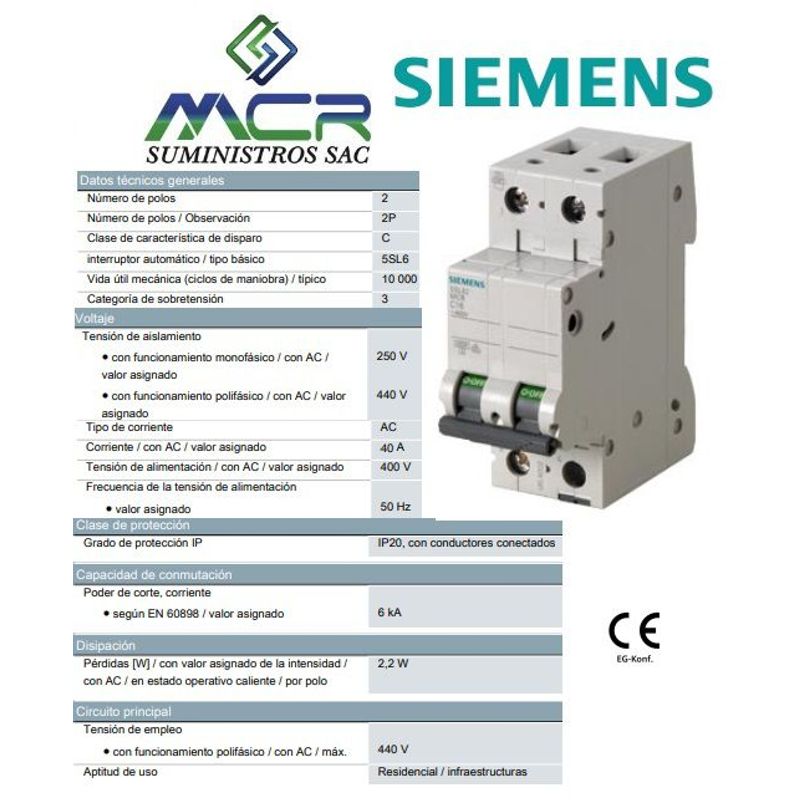 SIEMENS - INTERRUPTOR TERMOMAGNETICO 2X40 A 400V 2P 40A SIEMENS
