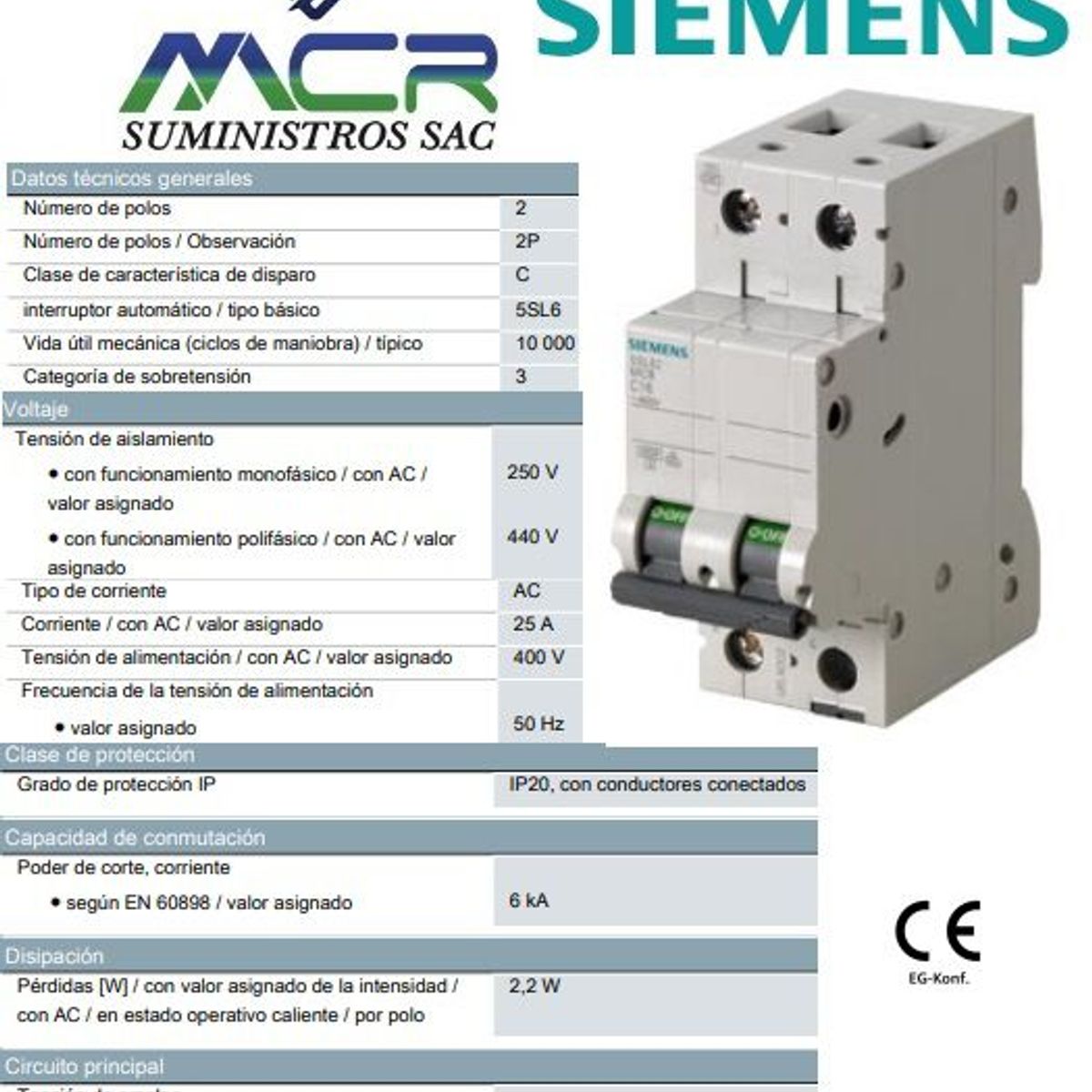 SIEMENS - INTERRUPTOR TERMOMAGNETICO 2X25 A 400V 2P 25A SIEMENS