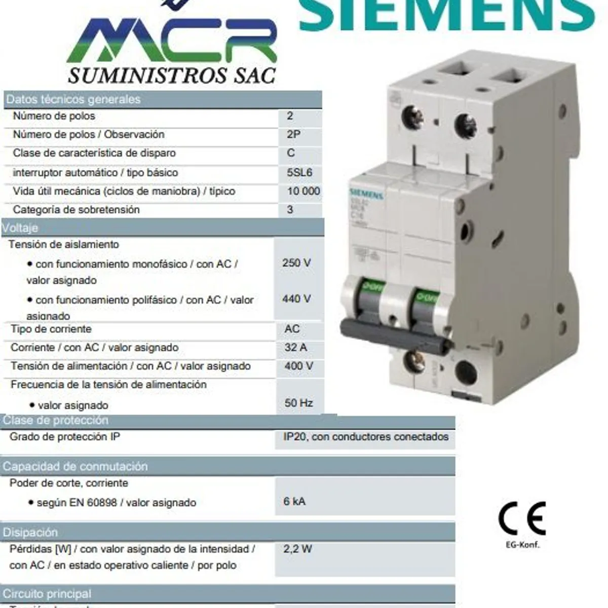 SIEMENS - INTERRUPTOR TERMOMAGNETICO 2X32A 400V 2P 32A SIEMENS
