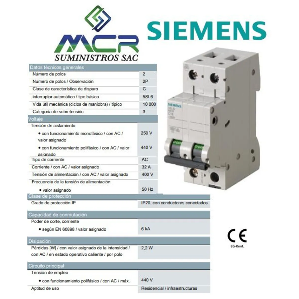 SIEMENS - INTERRUPTOR TERMOMAGNETICO 2X32A 400V 2P 32A SIEMENS
