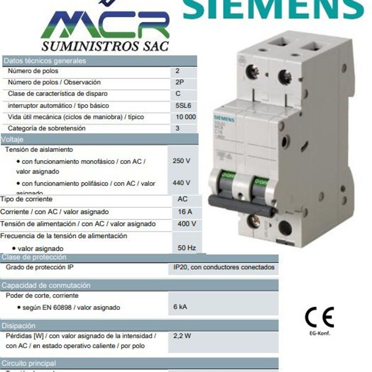 SIEMENS - INTERRUPTOR TERMOMAGNETICO 2X16 A 400V 2P 16A SIEMENS