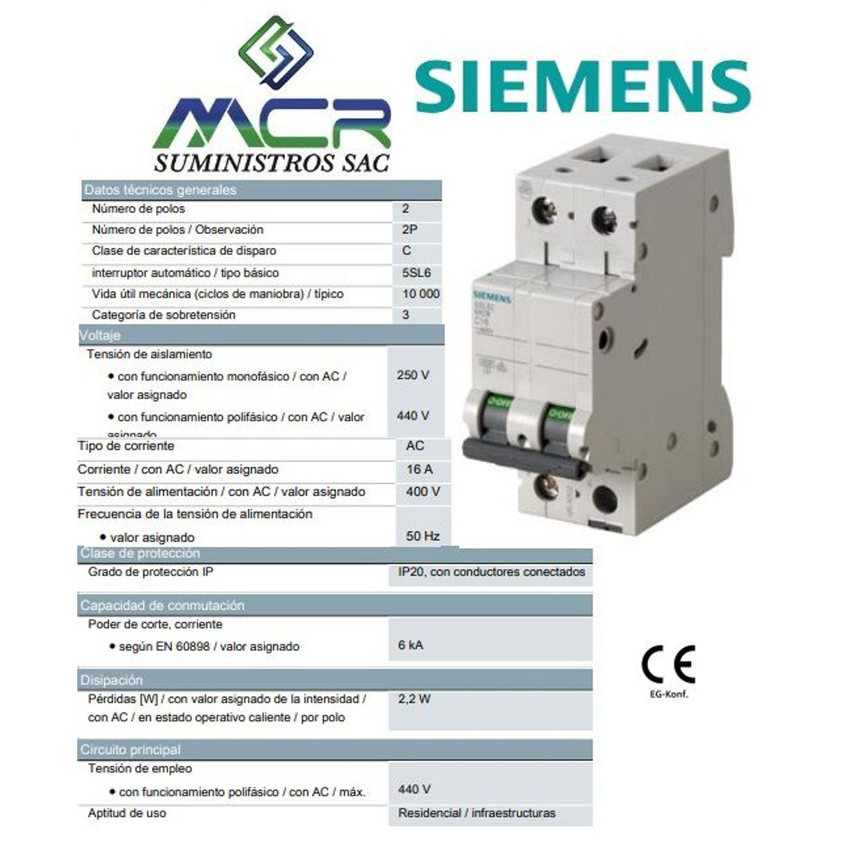 SIEMENS - INTERRUPTOR TERMOMAGNETICO 2X16 A 400V 2P 16A SIEMENS