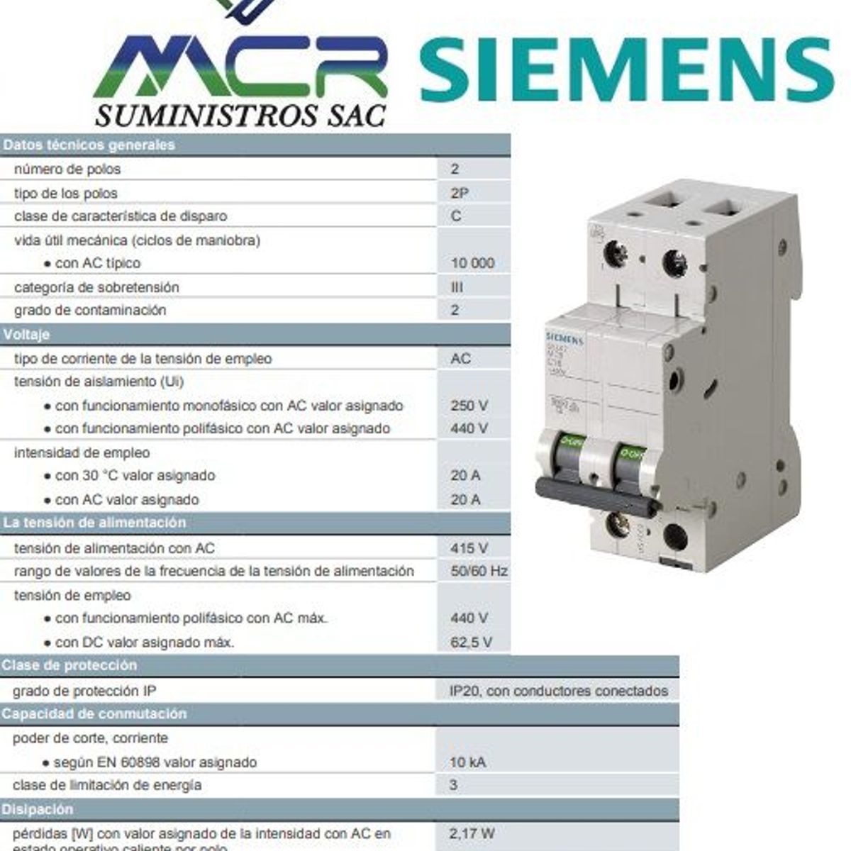 SIEMENS - INTERRUPTOR TERMOMAGNETICO 2X20 A 415V 2P 20A INDUSTRIAL SIEMENS