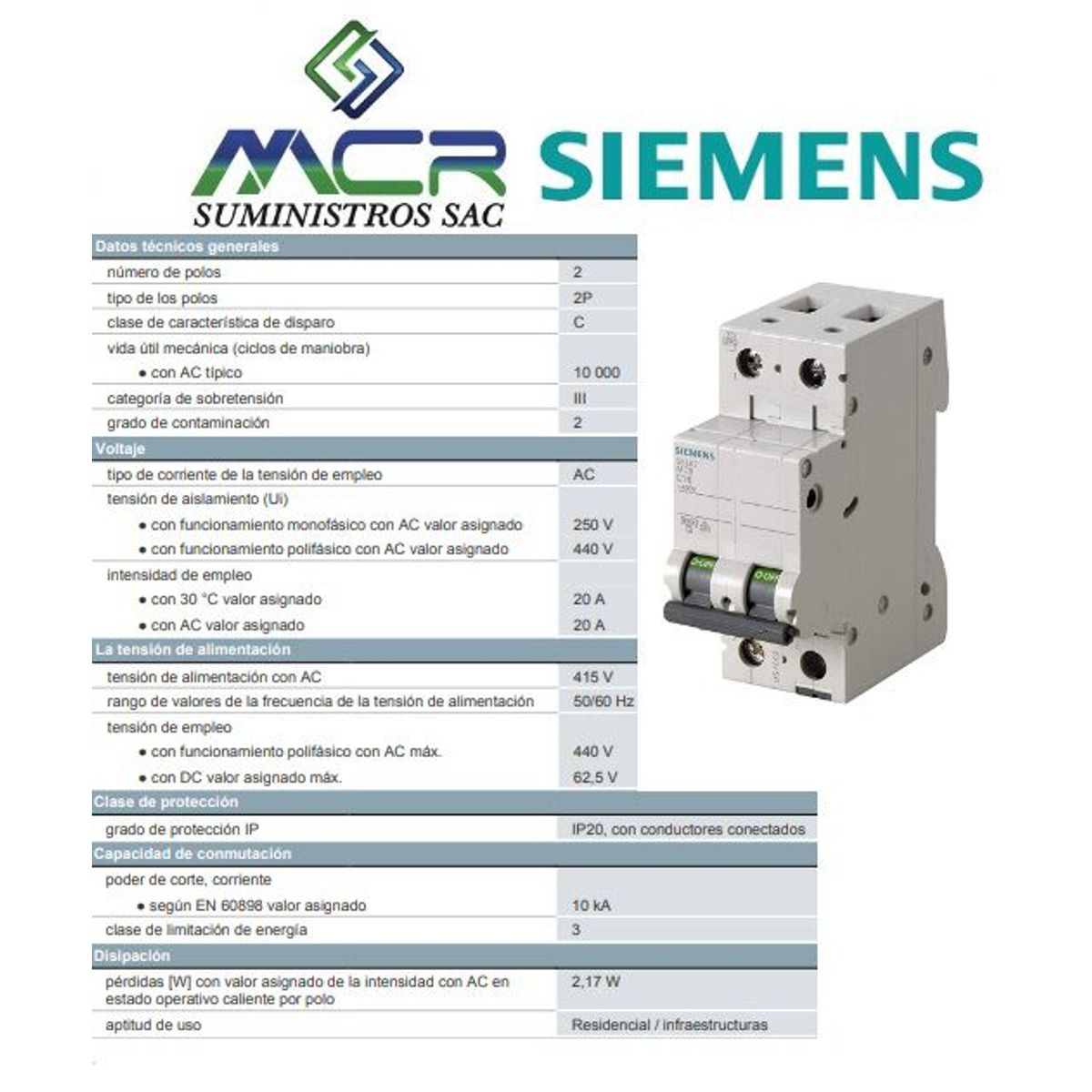 SIEMENS - INTERRUPTOR TERMOMAGNETICO 2X20 A 415V 2P 20A INDUSTRIAL SIEMENS
