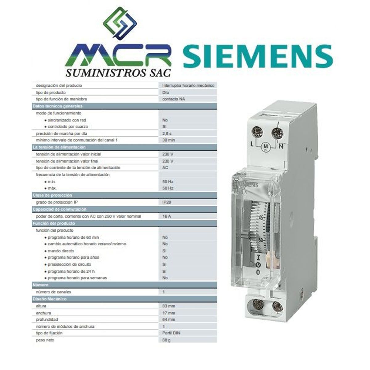 SIEMENS - PROGRAMADOR HORARIO DIARIO MECANICO 1NA  230V RIEL DIN SIEMENS