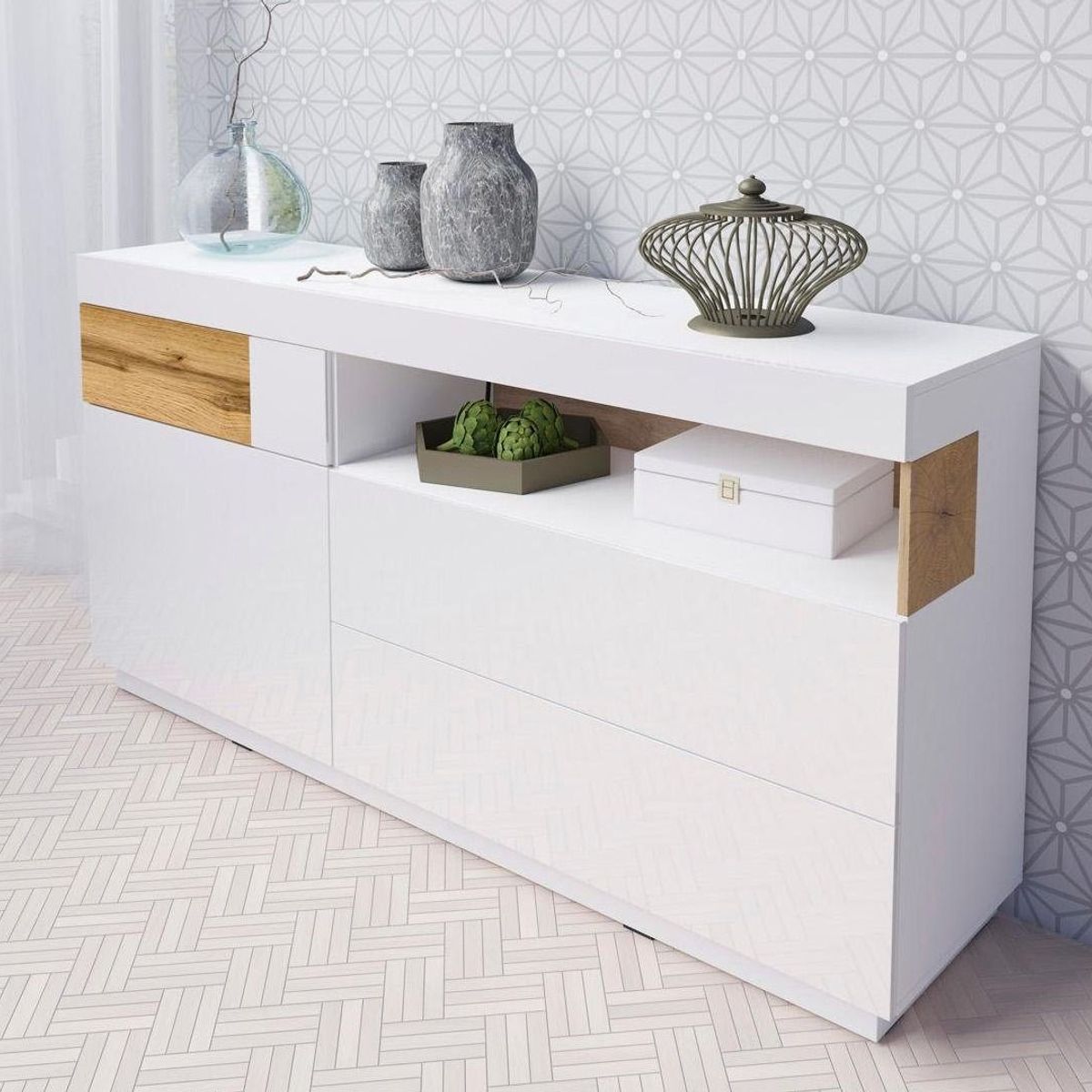 TU MESITA - Aparador Práctico 2 cajones + puerta Aimar color BlancoDuna TU MESITA