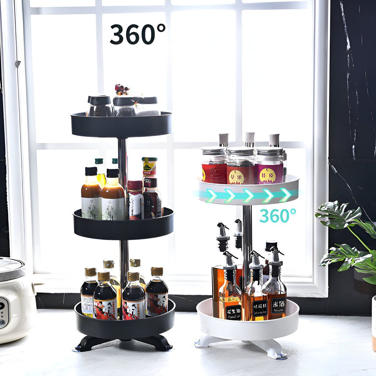 ELMEJORPRECIO - Organizador De Cocina Vertical Multiuso Giratorio 3 Niveles Negro