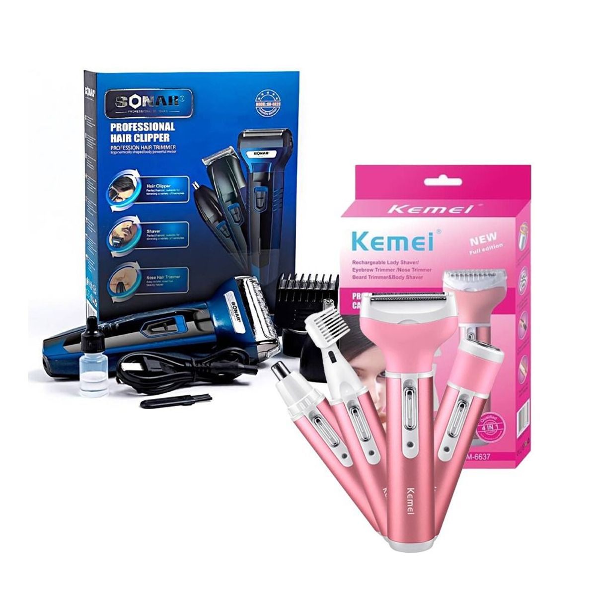 KEMEI - Afeitadora Kemei 4 en 1 + Afeitadora Sonar 3 en 1