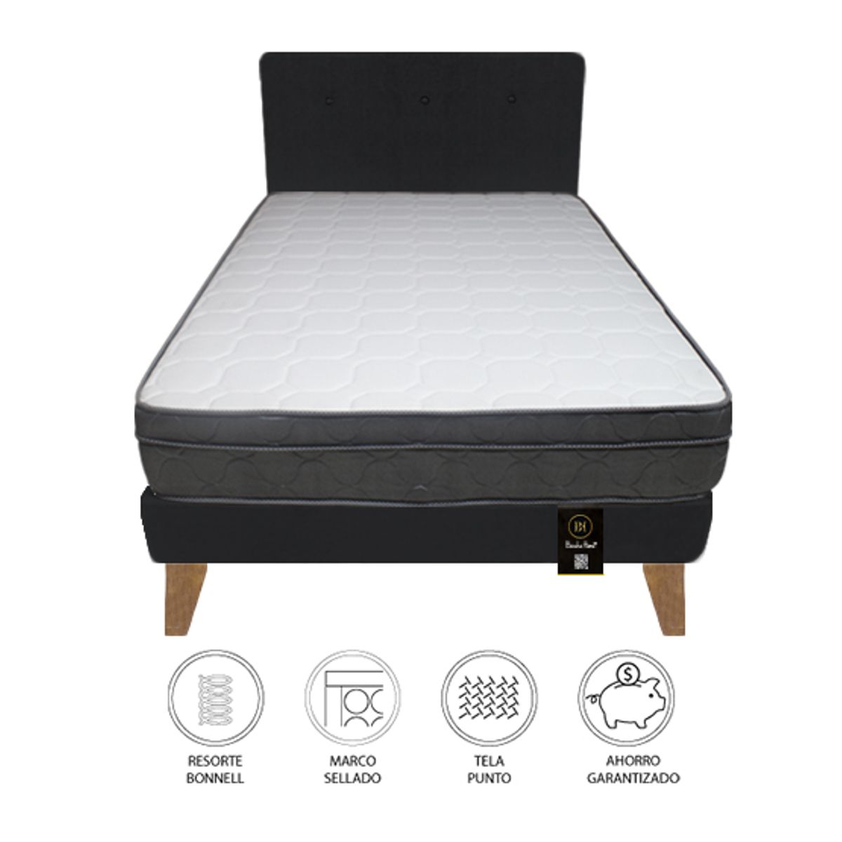 BARAKA HOME - Dormitorio Turin Slim 2 Plz + Cabecera + Almohadas - Negro