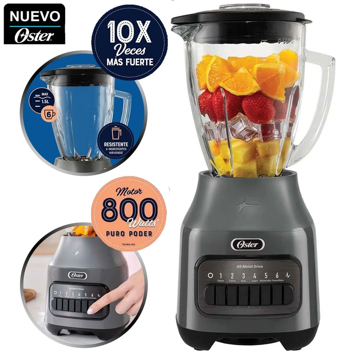 OSTER - Licuadora 1.5L Oster con 6 Velocidades BLSTPEG-GPB Gris