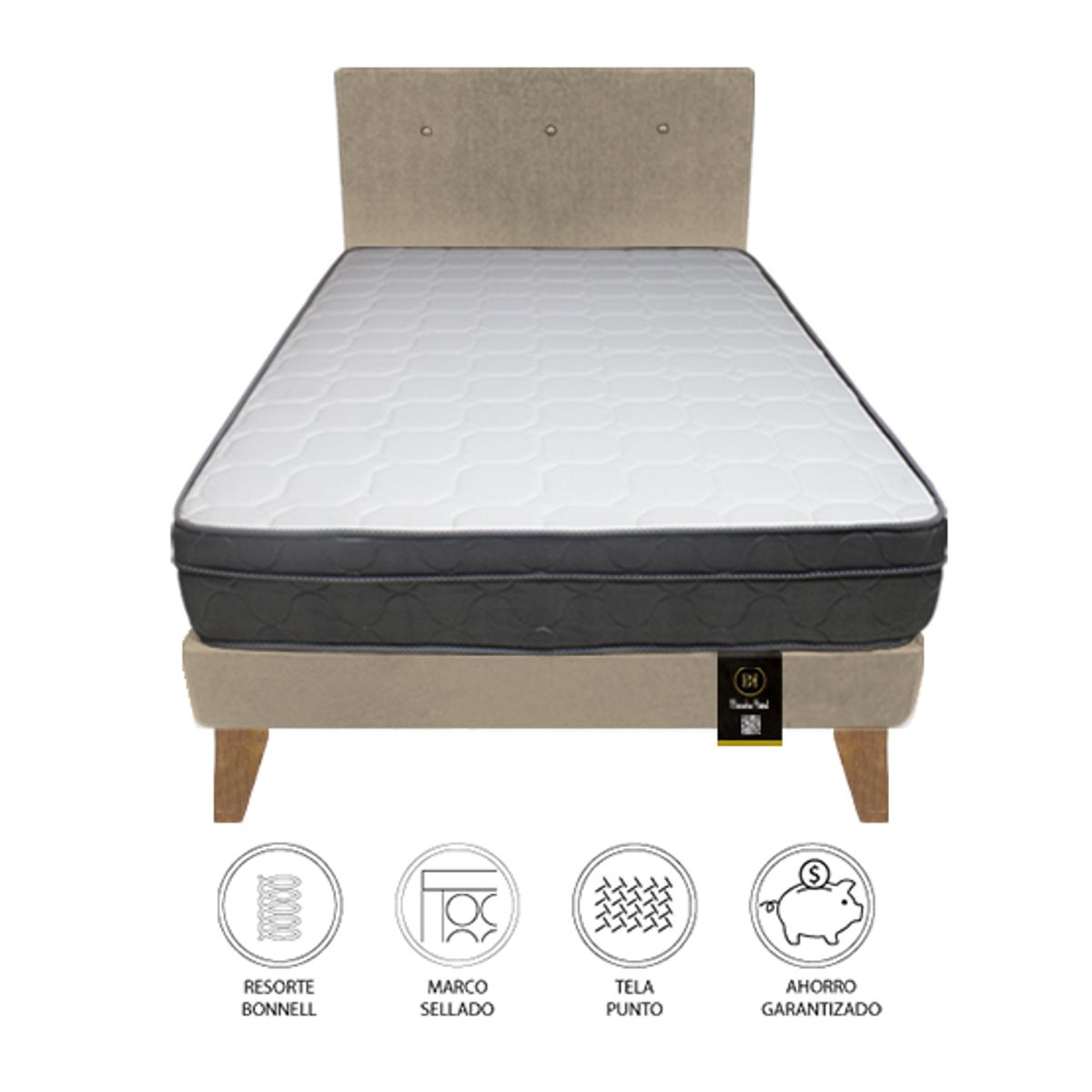 BARAKA HOME - Dormitorio Turin Slim 1.5 Plz + Cabecera + Almohada - Beige Claro