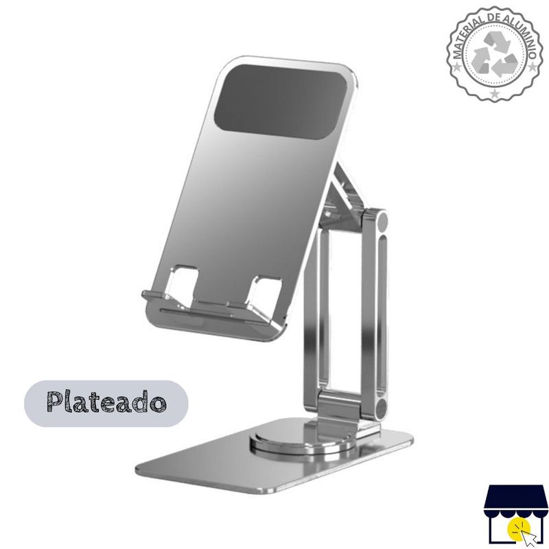 GENERICO - Soporte holder 360° aluminio doble articulacion para celular - Plateado
