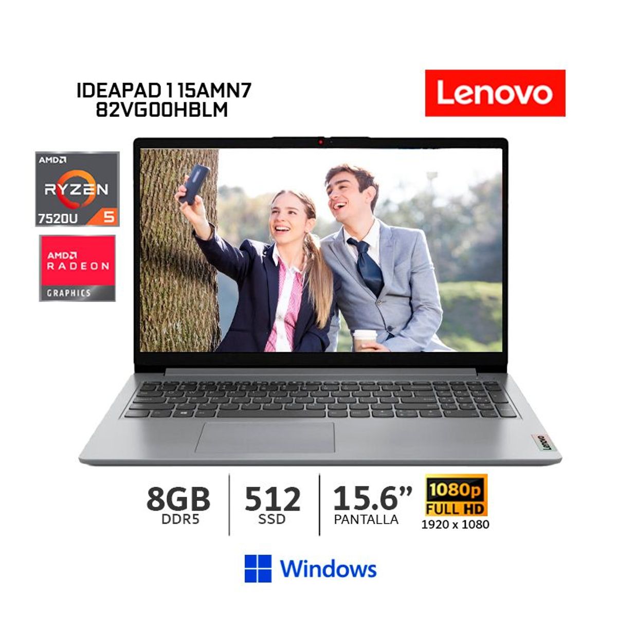 LENOVO - Laptop Lenovo IdeaPad 1 15AMN7 AMD Ryzen 5 7520U/ 8Gb Ram/ 512Gb SSD/ 15.6” FHD TN/ Wind/ 82VG00HBLM