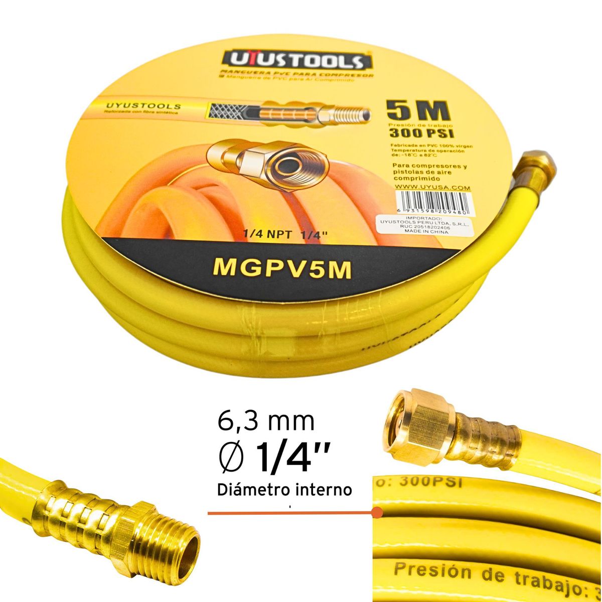 UYUSTOOLS - Manguera para compresor de aire 5m  1/4"