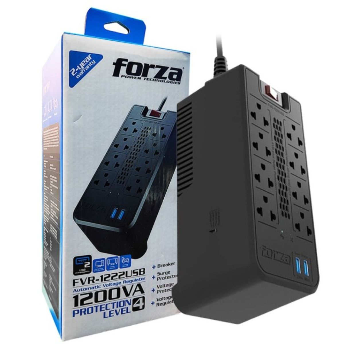 FORZA - ESTABILIZADOR DE 8 TOMAS 1200VA MODELO FV-1222USB FORZA 600W 2USB