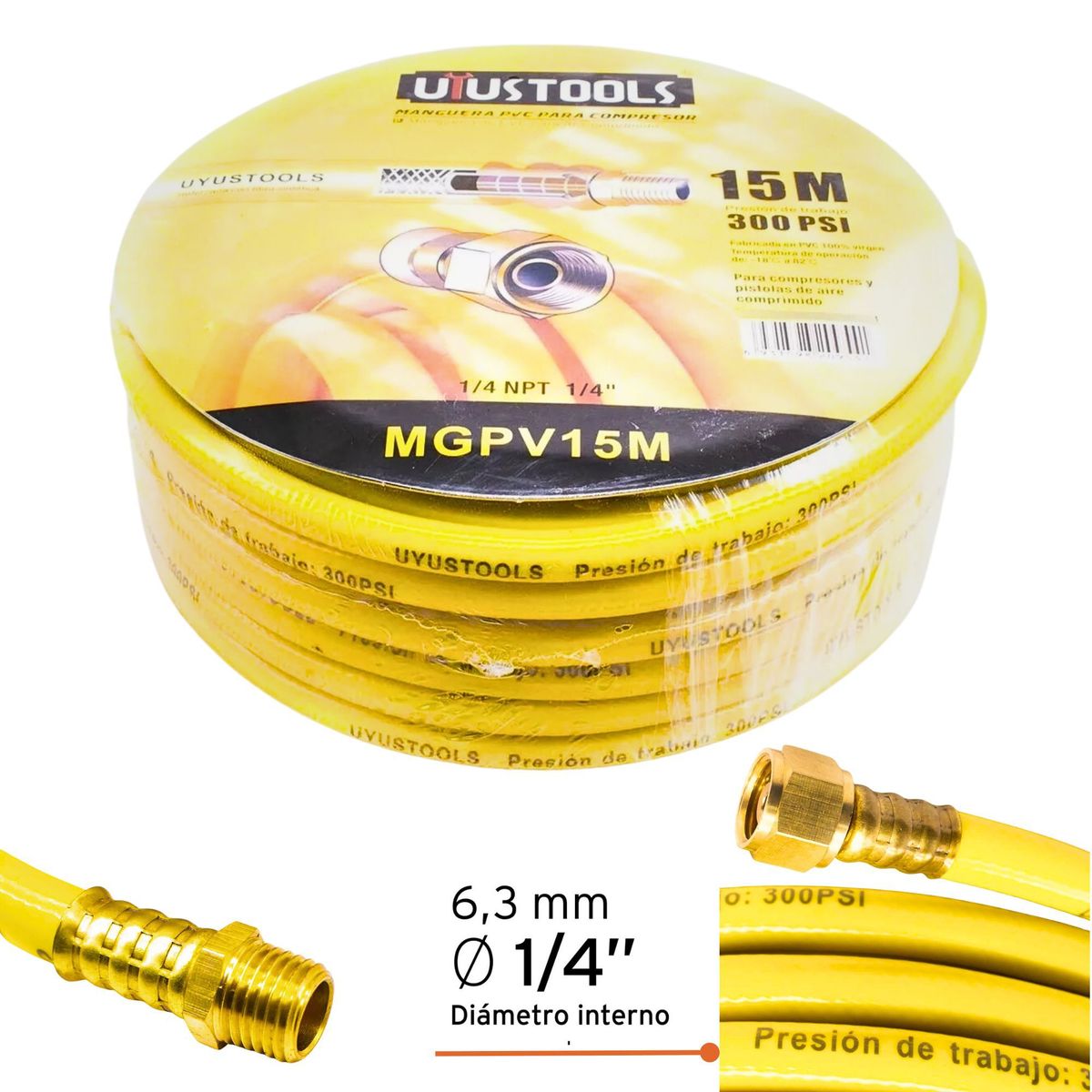 UYUSTOOLS - Manguera para compresora de aire 15m  1/4" 300PSI