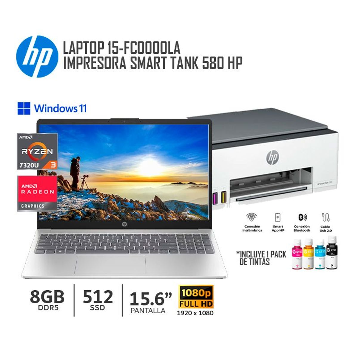 HP - Combo Laptop HP 15-FC0000LA, AMD Ryzen 3 7320U/ 8Gb Ram/ 512Gb SSD + Impresora Smart Tank 580