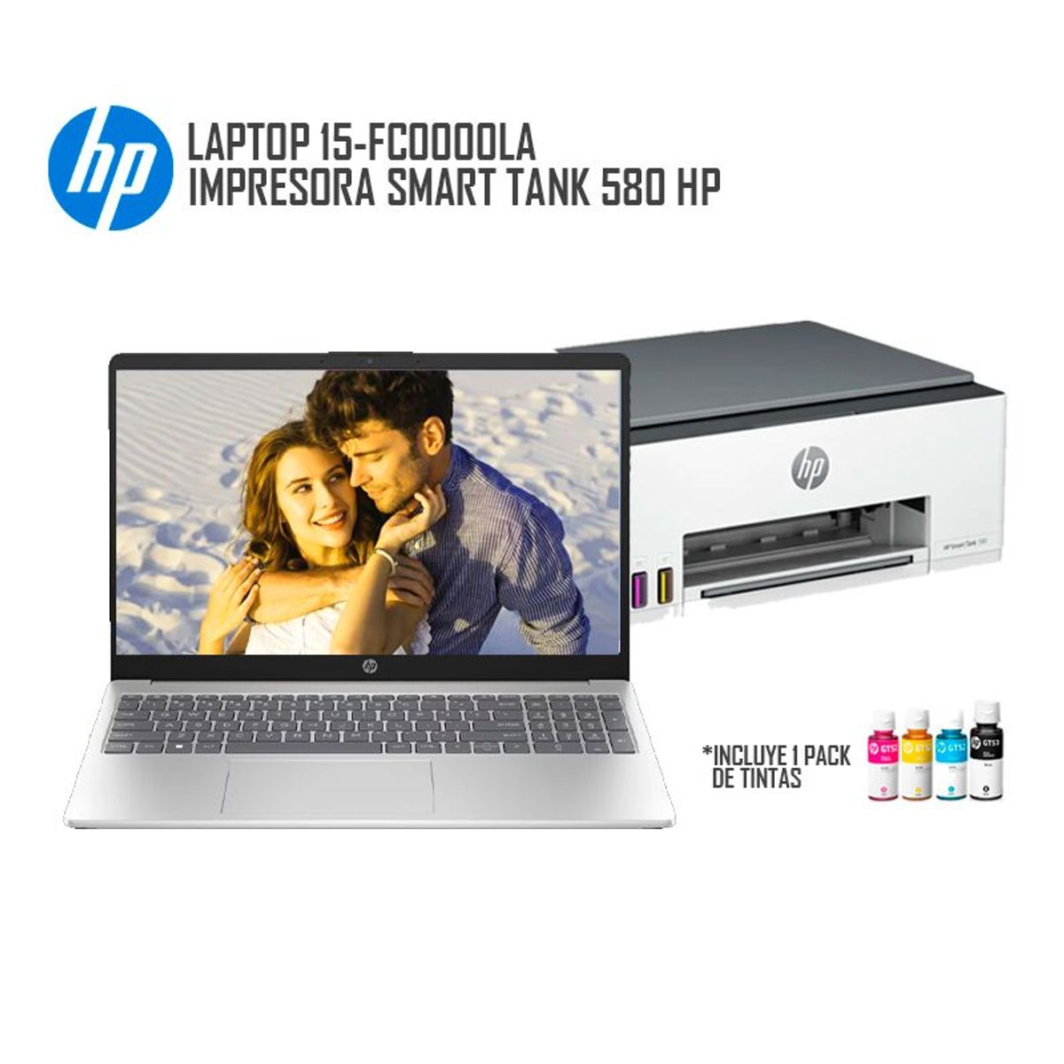 HP - Combo Laptop HP 15-FC0000LA, AMD Ryzen 3 7320U/ 8Gb Ram/ 512Gb SSD + Impresora Smart Tank 580