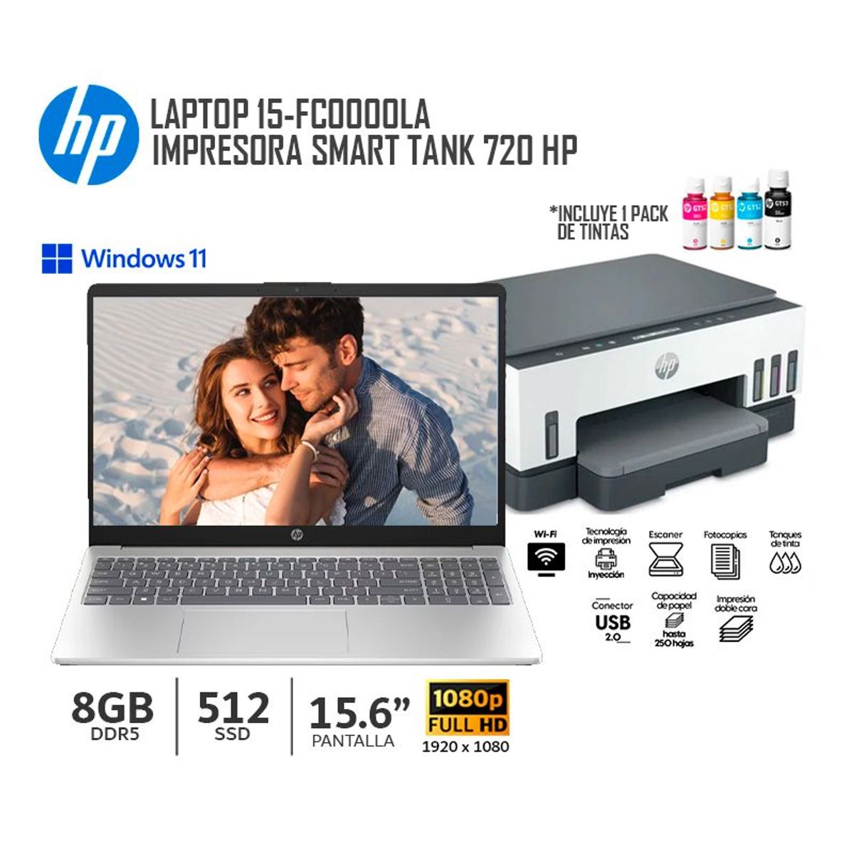 HP - Combo Laptop HP 15-FC0000LA, AMD Ryzen 3 7320U/ 8Gb Ram/ 512Gb SSD + Impresora Smart Tank 720