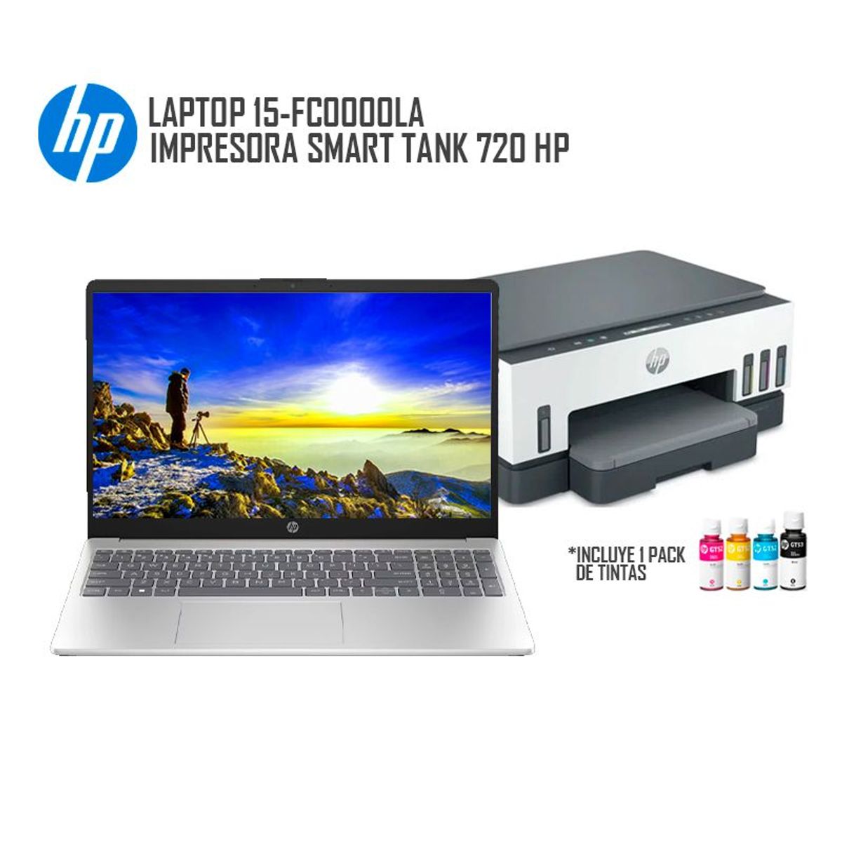 HP - Combo Laptop HP 15-FC0000LA, AMD Ryzen 3 7320U/ 8Gb Ram/ 512Gb SSD + Impresora Smart Tank 720