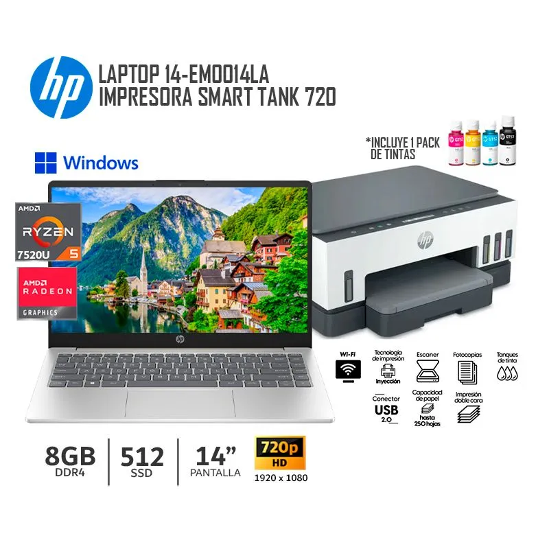 HP - Combo Laptop Hp 14-EM0014LA Ryzen 5 7520U/8Gb Ram/ 512Gb SSD / 14” FHD + Impresora Smart Tank 720