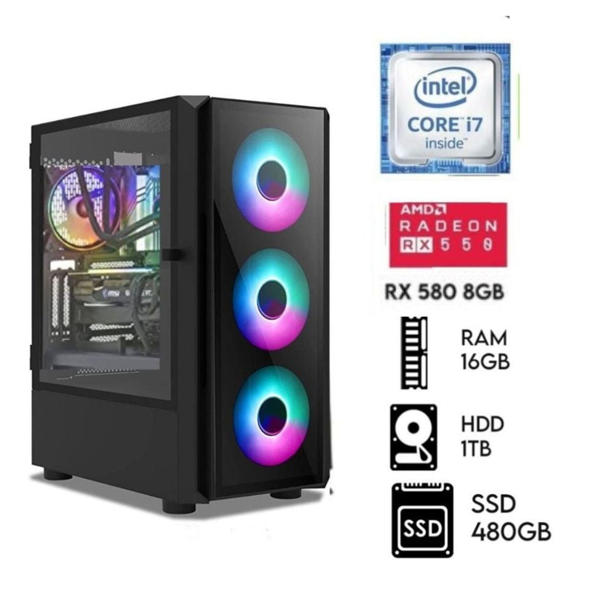 INTEL - Computadora PC GAMER Core I7 Ram 16GB DISCO 1TB+SSD 480GB  RX 580 8GB
