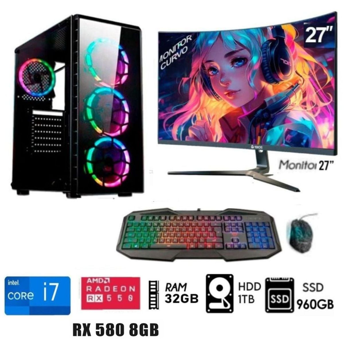 INTEL - Computadora PC GAMER Core I7 Ram 32GB DISCO 1TB+SSD 960GB RX 580 8GB MONITOR 27.