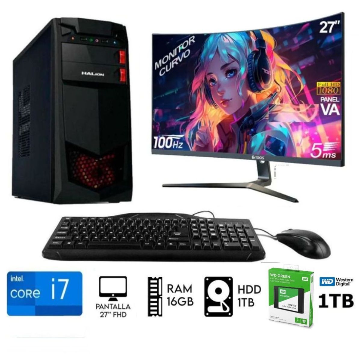INTEL - Computadora PC Intel Core i7 RAM 16GB Disco Duro 1TB+ SSD 1TB,   Monitor 27 FHD