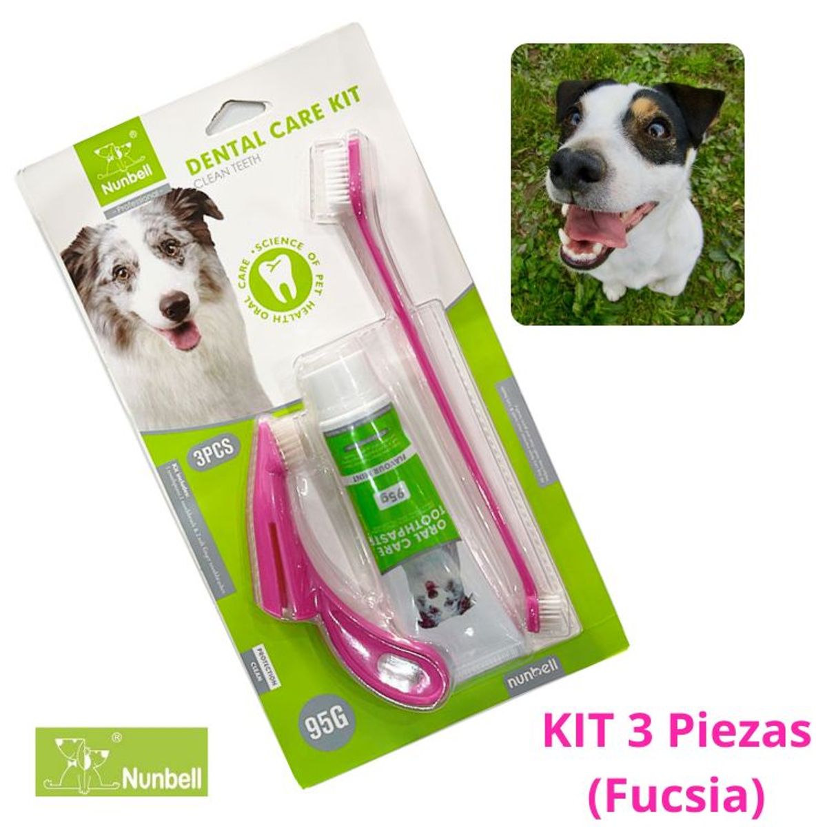 GENERICO - KIT CEPILLO DE DIENTES+PASTA DENTAL PERROS Y MASCOTAS FUCSIA