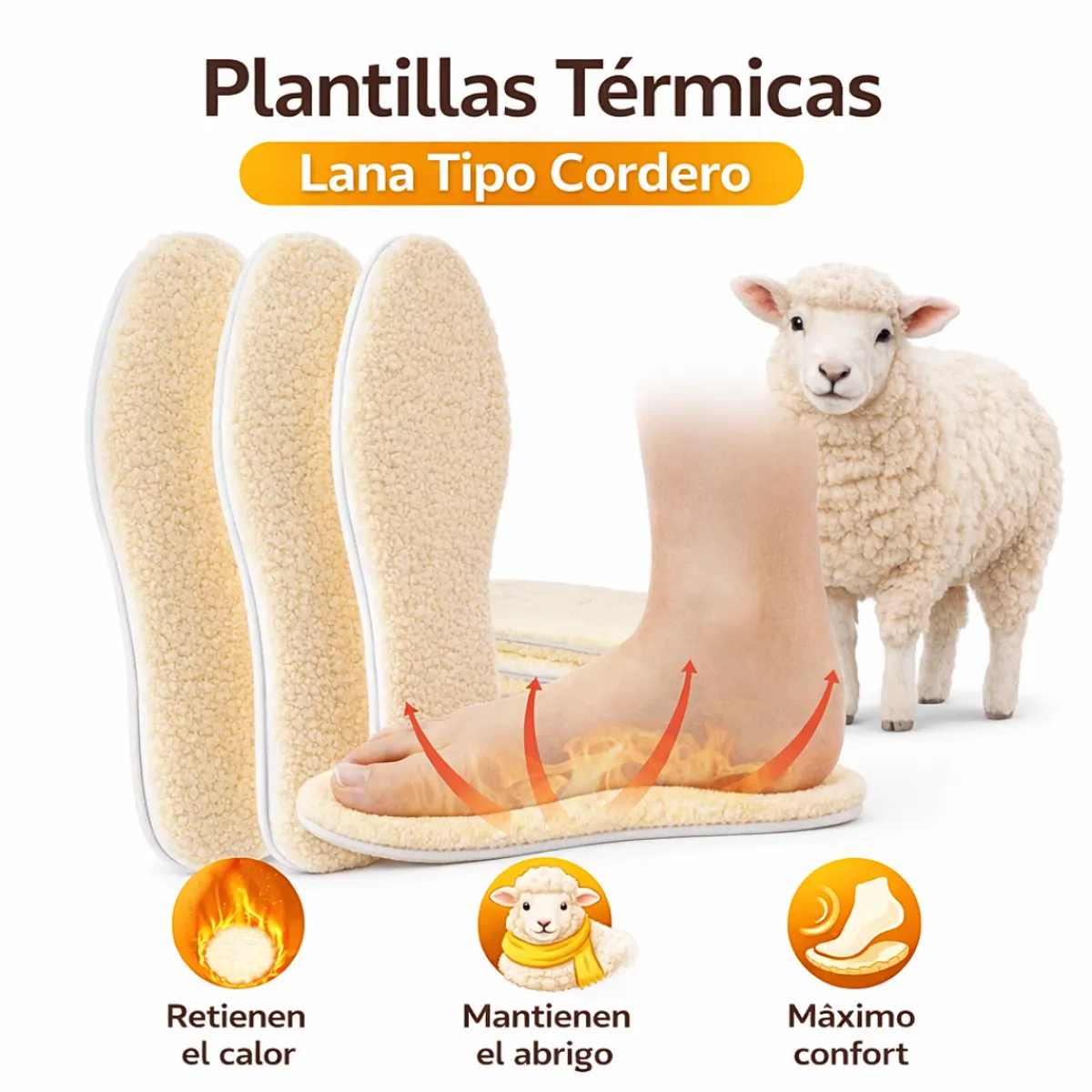 GENERICO - Plantilla térmica de lana de cordero pie caliente abrigo y confort 1 par