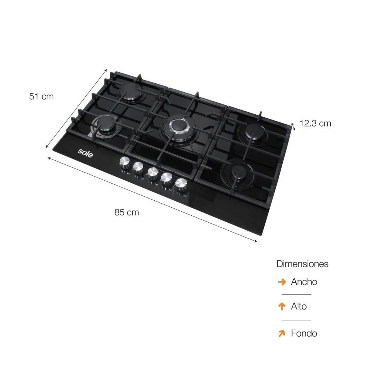 SOLE - Cocina Empotrable A Gas Sole 5 Hornillas Vidrio Solco046V2.
