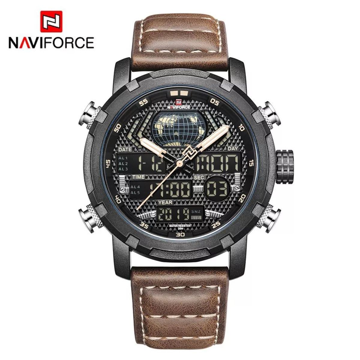 NAVIFORCE - Reloj Naviforce Acero Negro y Cuero Marrón NAV-77