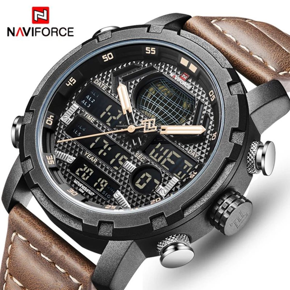 NAVIFORCE - Reloj Naviforce Acero Negro y Cuero Marrón NAV-77