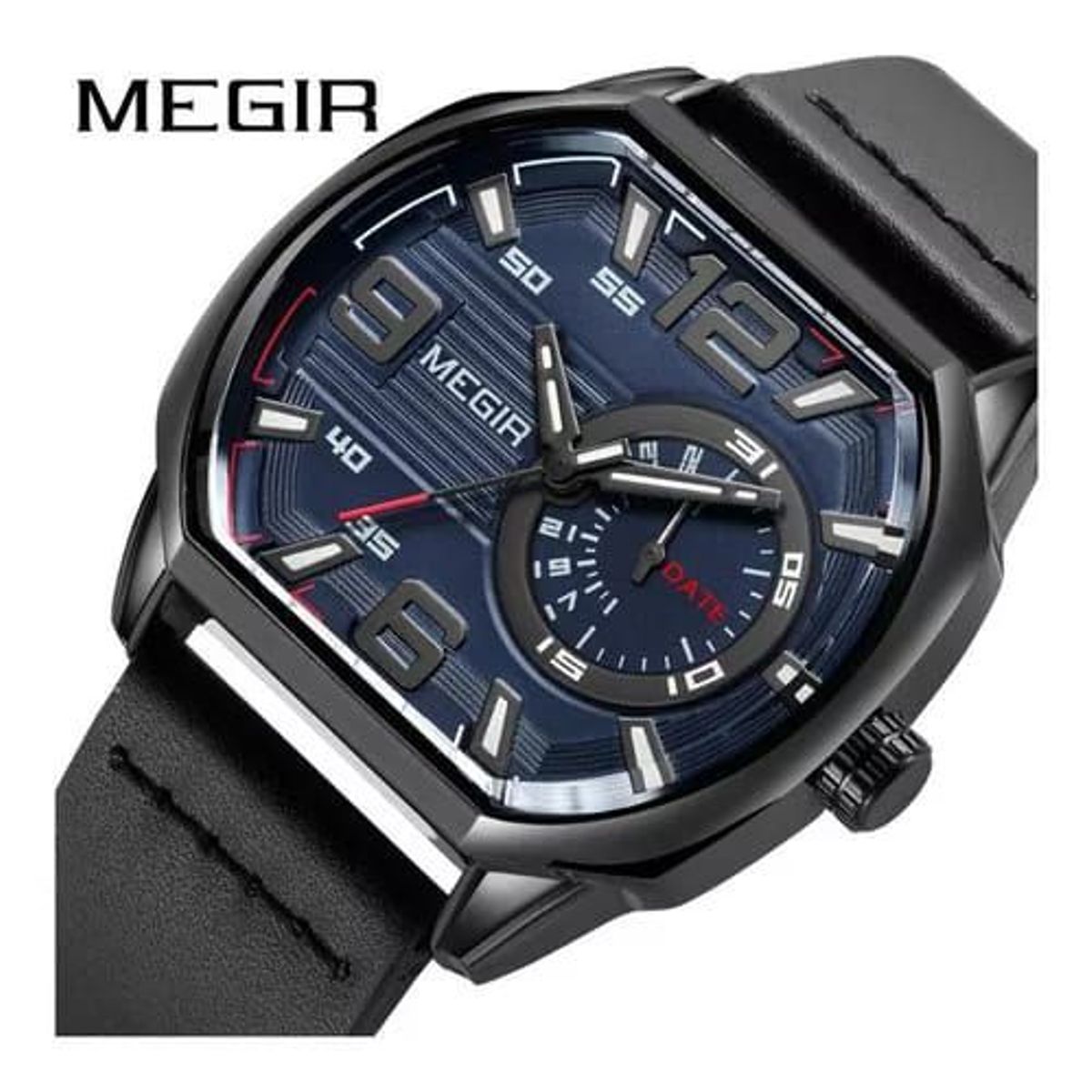 MEGIR - Reloj Megir Azul con correa de Cuero Gris Oscuro MEG-61