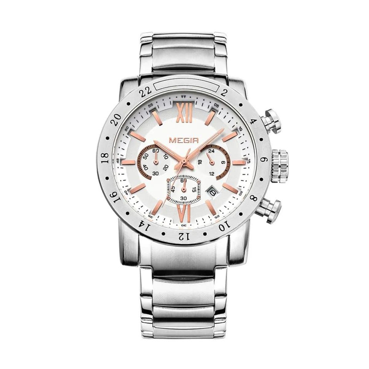 MEGIR - Reloj Megir Acero Plateado con Oro Rosa MEG-78_.