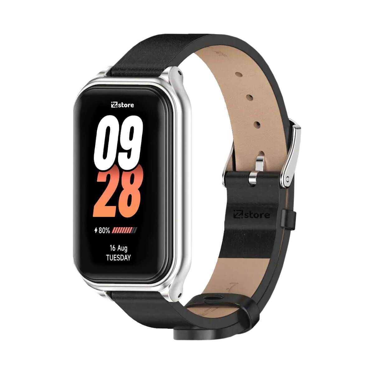 GENERICO - Correa de Cuero Compatible con Xiaomi Mi Band 8 Active Negro-Silver