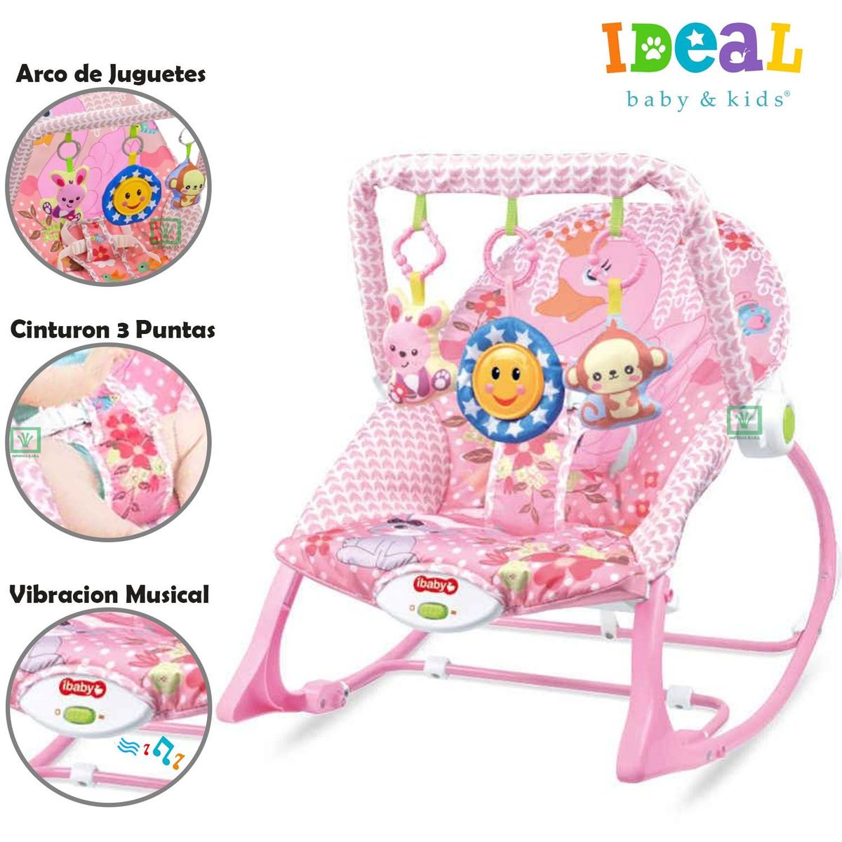 IDEAL - Mecedora para Bebes Musical y Vibrador Cisne Rosado